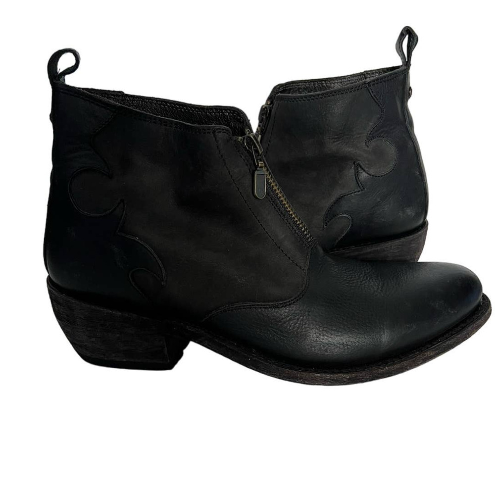 Liberty Black Women's Black Leather Western Boho Zip Up Ankle Booties Size 7